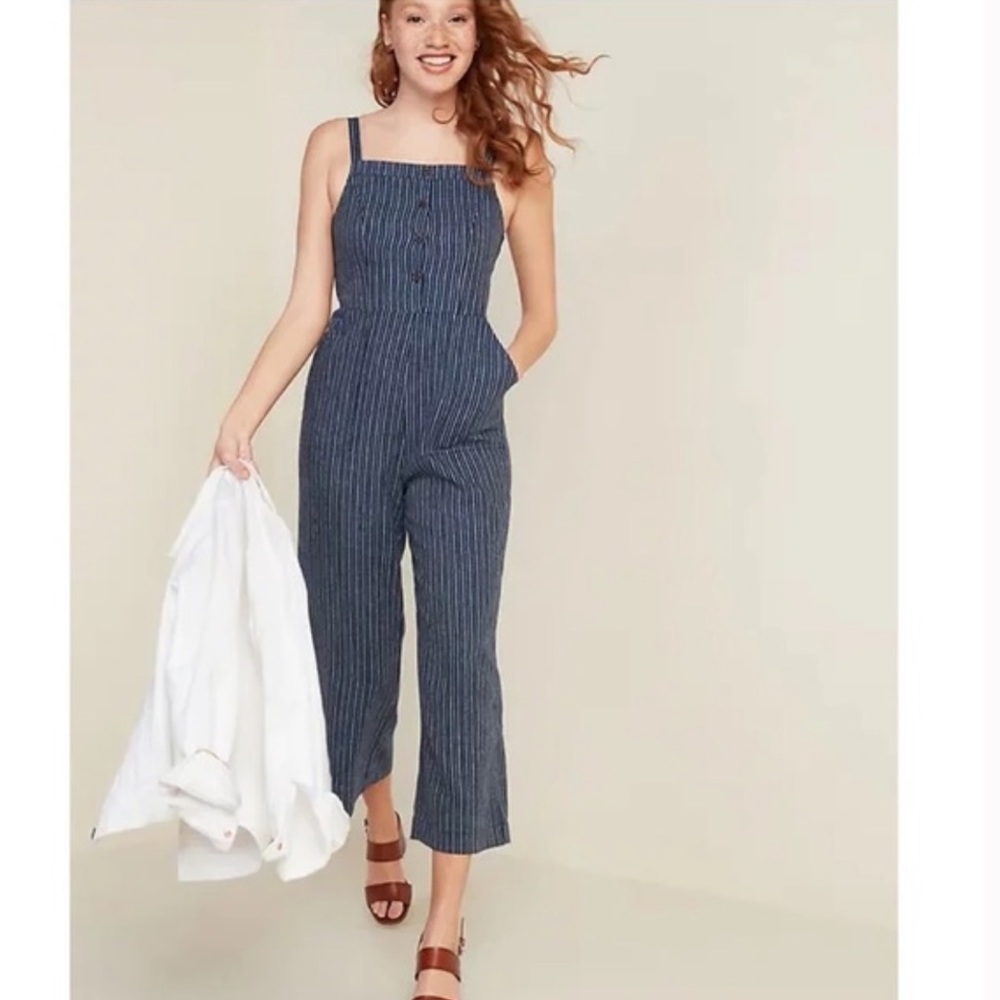 Old Navy blue stripe linen blend cropped wide leg jumpsuit